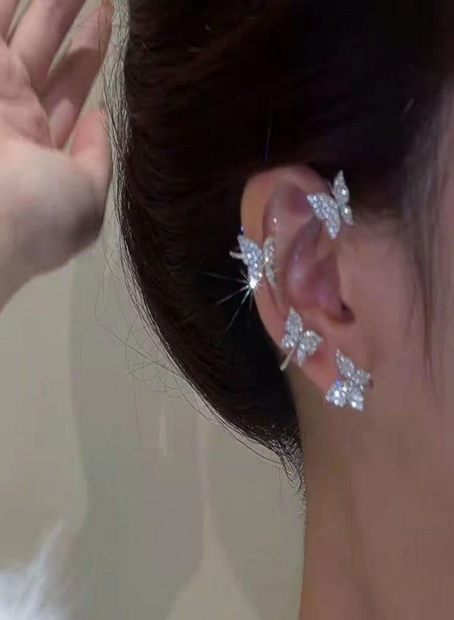 AVYRING أقراط أفرينج على شكل فراشة للنساء، مصنوعة من الفولاذ المقاوم للصدأ، أقراط بمشبك بدون ثقب، مجوهرات خيالية، قطعتان، فضية اللون - Image 3